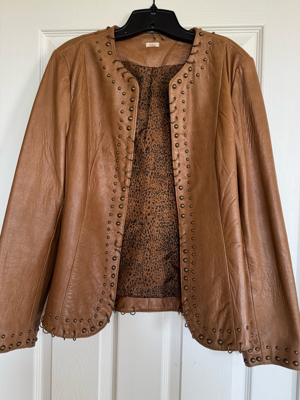 Reba Tan Leather Studded Jacket with Leopard Lining